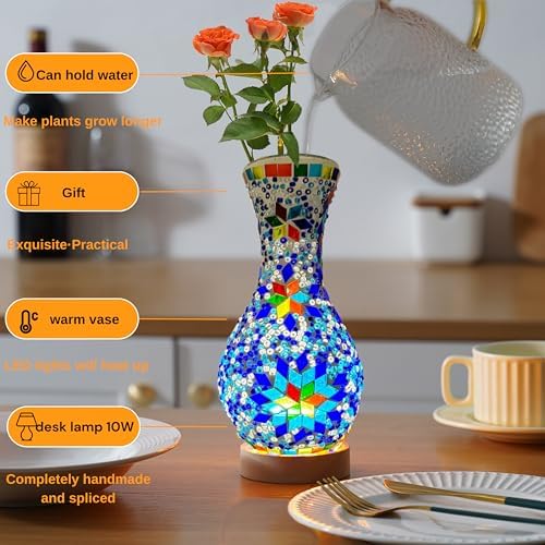 Mosaic Vase Lamp, Turkish Table Lamp with Wood Base, USB LED - Image 2