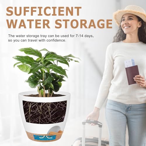 QRRICA Plant Pots 8/7/6.5/6/5.5/5 Inch Self Watering Pots, Set of 6 Plastic Planters with Drainage Holes and Saucers,Plastic Flower Pots,Nursery Planting Pot for Indoor Out Door Plants（White） - Image 5