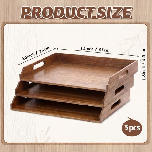 AceOrbit 3 Pcs Stackable Paper Tray Acacia Wood Desk Organizer Letter Tray - Image 2