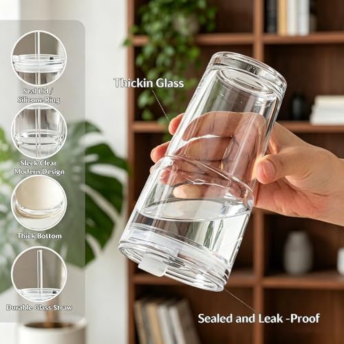 Glass Cups with Lids and Straws, 20oz Glass Tumbler for Iced Coffee, Clear Drinking Glass with Reusable Glass Straw, Leak-Resistant Lid, Fit for Cup Holder, Dishwasher Safe (clear-4pack) - Image 6