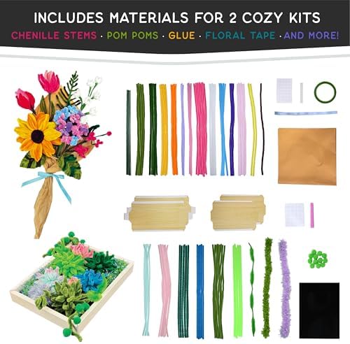WeVeel Cozy Craftworks Wildflower & Succulent Chenille Stem Craft Kit Bundle for Teens & Adults – Mindful DIY Plant Craft, Tactile Pipe Cleaner Art Kit with QR Video Tutorials - Image 2