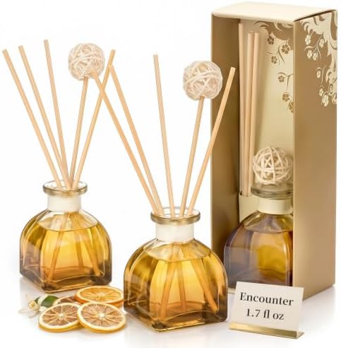Encounter Reed Diffuser Set, 2 Pack 1.7 fl oz Glass Bottles, 5 Rattan Sticks & Rattan Ball, Plant-Based Non-Toxic Essential Oil, Soft Long-Lasting Home Fragrance for Entryway Living Room by WOHSEROM