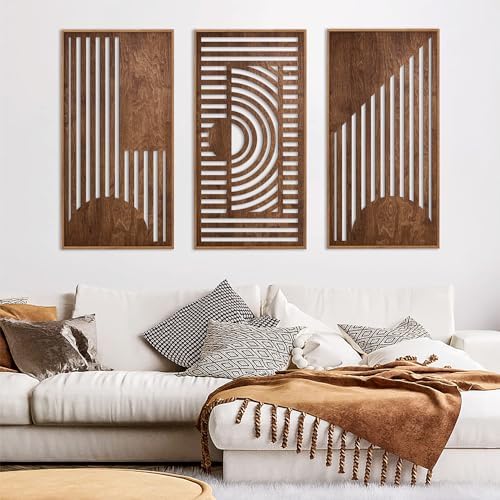 TOARTi Abstract Geometric Framed Wooden Wall Art Decor(16"x32"x3pcs), Large Vintage Mid Century Rectangle Wall Sculptures, Rustic Minimalist Geometry Artwork for Home Bedroom Living Room - Image 5