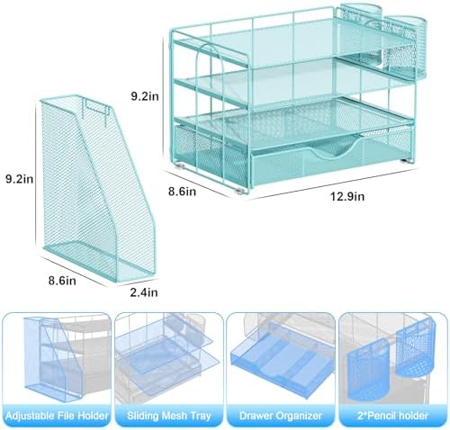 gianotter Desk Organizers and Accessories with File Holder, 4-Tier Desk Accessories & Workspace Organizers with Drawer and 2 Pen Holder, Paper Organizer for Office Supplies (Blue) - Image 5