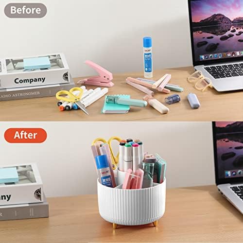 Desk Pencil Pen Holder, 5 Slots 360°Degree Rotating Pen Organizers for Desk, Desktop Storage Stationery Supplies Organizer, Cute Pencil Cup Pot for Office, School, Home, Art Supply, White - Image 4