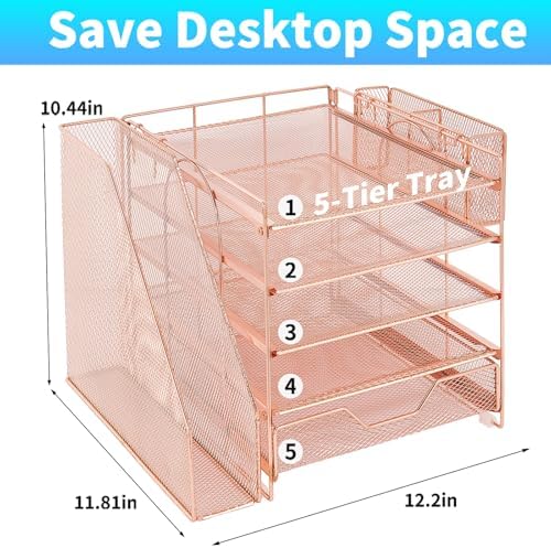 5-Tier Desk File Organizer with Drawer & Pen Holder (Rose Gold) - Image 2