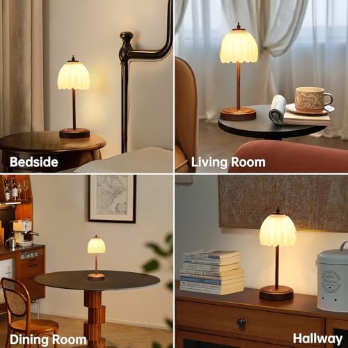 Shenmoyl Tulip Table Lamp with 5200mAh Battery & Touch Control, Small Cordless Table Lamp with 3 Colors, Rechargeable Battery Operated Table Lamps for Bedroom, Desk, Bedside (White-Walnut Color) - Image 4