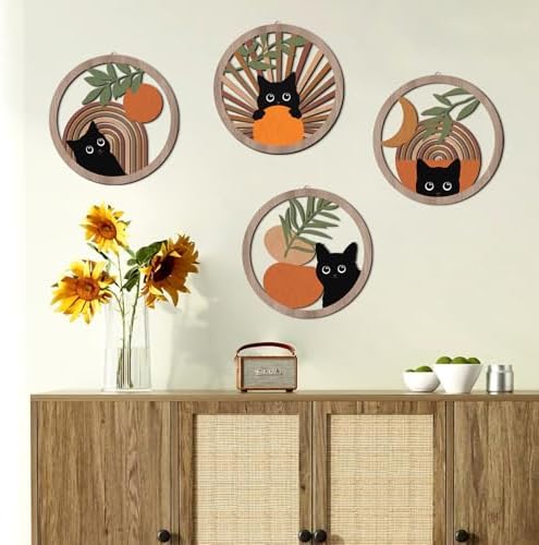 HPNIUB Boho Black Cat Wall Decor, Farmhouse Geometric Hanging Wooden Wall Art, 4 Pieces 10''x10'' Mid Century Bohemian Abstract Moon and Sun Wood Sign for Nursery Bedroom Decoration, Lovely Cat Gifts - Image 5