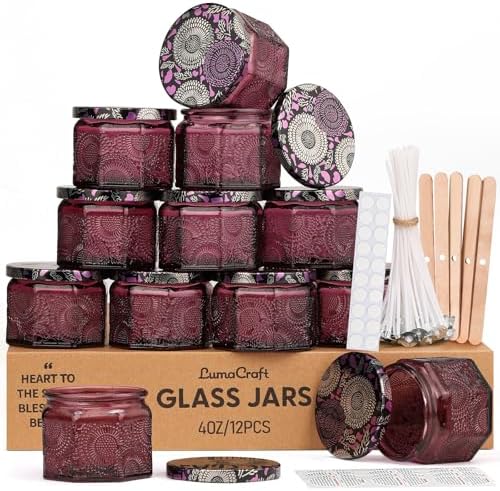LumaCraft 12 Pack 4oz Glass Candle Jars with Lids, Hexagon Embossed Candle Making Containers, Empty Candle Jars with 20 Wicks & Labels for DIY Candle Making, Party Favors, Home Decor by Unknown