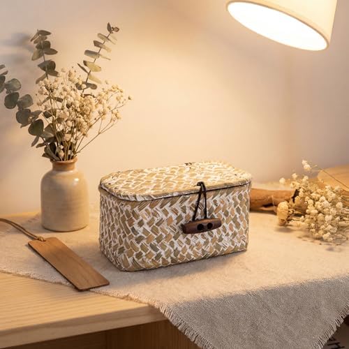 Hipiwe Wicker Shelf Basket Box with Lid Decorative Basket Handwoven Seagrass Storage Organizer Basket Decorative Basket, Whitewas 4.3" x 2.5" x 2.1" - Image 7