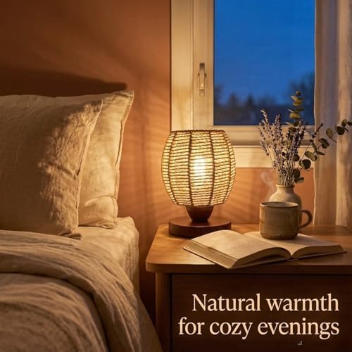 Rattan Table Lamp,Boho Small Beside Lamp,Farmhouse Table Lamp for Room Decor,Vintage Wicker Wooden Nightstand Bamboo Woven End Table Lamps for Bedroom Living Room Desk Kids Room,LED Bulb Included - Image 6