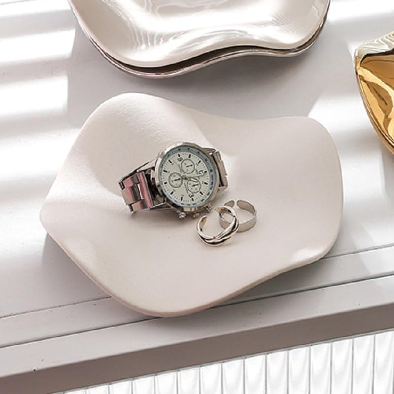 Jewelry Tray Ring Dish Ceramic Trinket Tray Key Tray Flower Wave Shape Birthday Party Wedding Home Decor for Entryway Table Livingroom dresser (Matte White) by Siehpa3