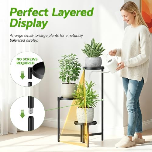 3 Tier Large Plant Stand Indoor with 7.9 Inch Wide Tray, Tiered Corner Metal Outdoor Flower Holder Stand, Folding Tall Rack for Display Shelf for Patio Porch Balcony - BlackDisk - Image 6