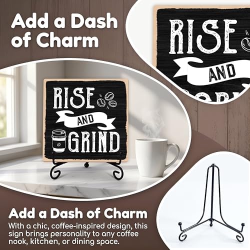 Coffee Bar Sign, Rise and Grind Farmhouse Tabletop Decor, Coffee and Tea Lover Gifts, 5x5 Wood Plaque with Iron Stand for Home Kitchen Cafe, Coffee Bar Decor – A01 - Image 3