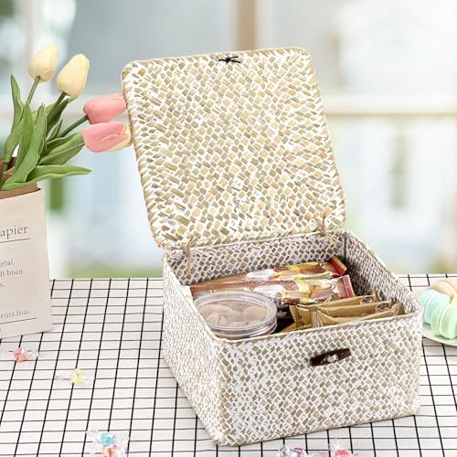 Hipiwe Handwoven Seagrass Basket with Lid Square Wicker Basket Storage Bin - Image 4