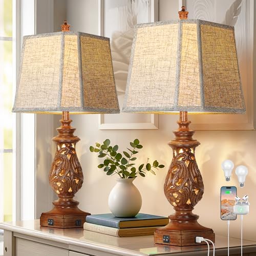 PARTPHONER 29" Table Lamps Set of 2, Bedside Lamps with USB A+C Ports & Night Light, Farmhouse Nightstand Lamps with Linen Fabric Shades for Bedroom Living Room, Wood Grain (LED Bulbs Included) by PARTPHONER