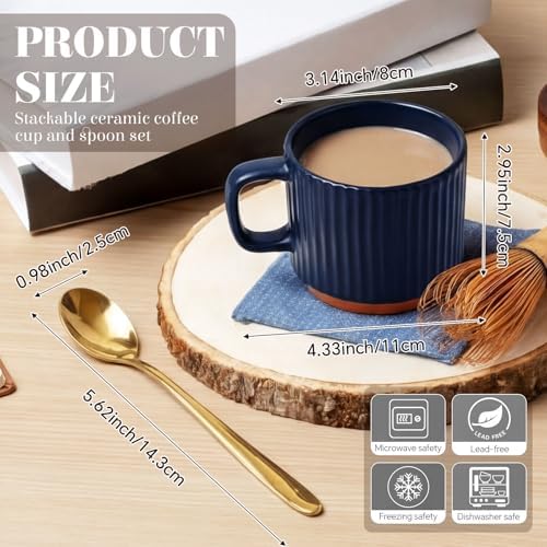 6 Set 8.8 oz Ceramic Coffee Mugs with Gold Spoons, Dark Blue - Image 2