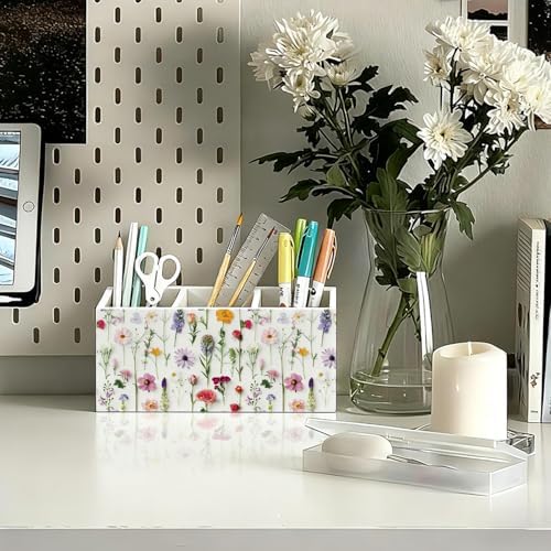 Floral Pen Pencil Holder for Desk Accessories, Cottagecore Colorful Wildflower Botanical Wooden Box Sign Decorations for Girls Room Bedroom Dorm Home Office Desk Tabletop - Image 2