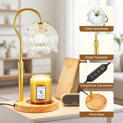 Dreamholder Electric Candle Warmer Lamp with Timer, Dimmable Candle Lamp with Adjustable Height, Glass Wax Melter for Jar Candles Wood Base Floral Home Decor Gifts for Women Mom, Natural Wood - Image 3