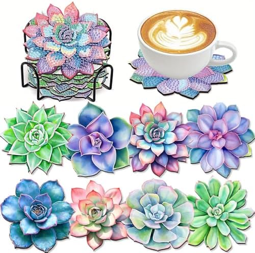 Clendo 8 Pcs Succulent Diamond Art Coasters Kit - DIY 5D Small Diamond Painting Coasters with Holder, Mini Diamonds Arts Kits for Adults Coaster, Gem Art Arts and Crafts for Adults by Clendo
