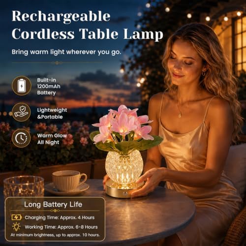 Flower Table Lamp, 3 Colors Touch Dimming Magnolia Glass Night Light, Rechargeable Artificial Flower Light, LED Flower with Vase Lamp Romantic Decor for Date Party Home (Pink - Magnolia) - Image 4
