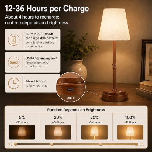 Rechargeable Cordless Table Lamp, Battery Operated Bedside Lamp, Wood Grain - Image 3