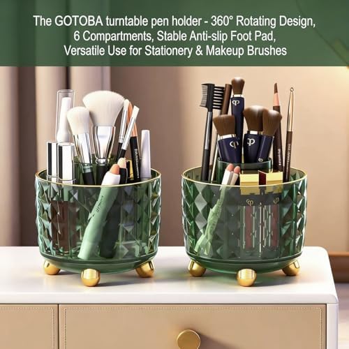 GOTOBA Dark Green Pen Pencil Holder for Desk, 360° Rotating Pen Organizer, Green Office Supplies, Cute Pen Holder, 6-Compartment Pencil Holder Rotating - Image 3