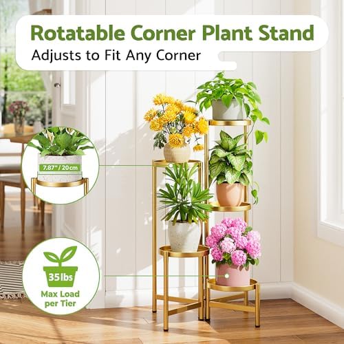 Tall Gold Plant Stand Indoor Outdoor, Corner Metal Flower Pot Stands for Multiple Plants, 5 Tiered Heavy Duty Plant Shelf for Patio Garden Balcony Living Room Bedroom - GoldDisk - Image 2