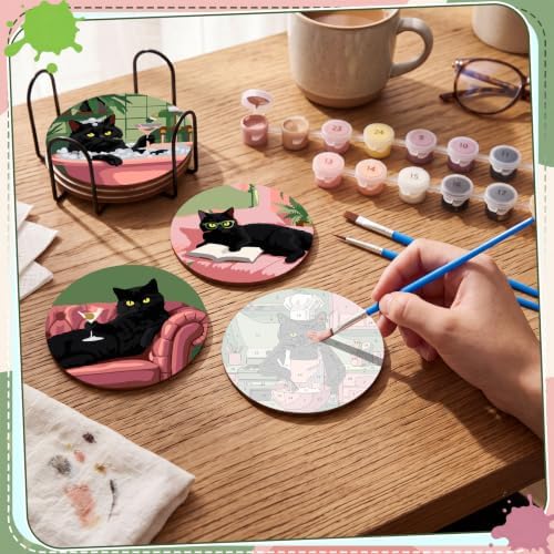 Reallnaive 8 Pcs Black Cat Paint by Numbers Kit for Adults Wooden Coasters - Image 2