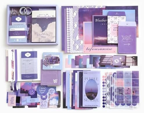 Alunsito 155pcs Aesthetic Scrapbook Kit, Vintage Scrapbooking Supplies Kit for Bullet Junk Journal, A6 Grid Notebook, Journaling Supplies, DIY Craft Decor Gifts for Adults, Moonlight Theme, Purple by Alunsito