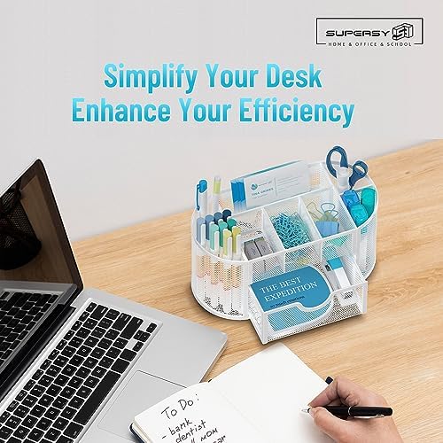 Mesh Desk Organizer with Drawer, 9-Compartment Pen Holder for Desk, White - Image 2