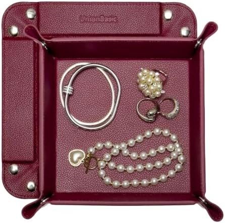 UnionBasic Small Jewelry Tray for Rings Watches Earrings, Entryway Catchall Caddy for Coins Keys Change, Nightstand Bedside Valet Holder, Trays for Electronic Gadgets, Lychee Burgundy by UnionBasic