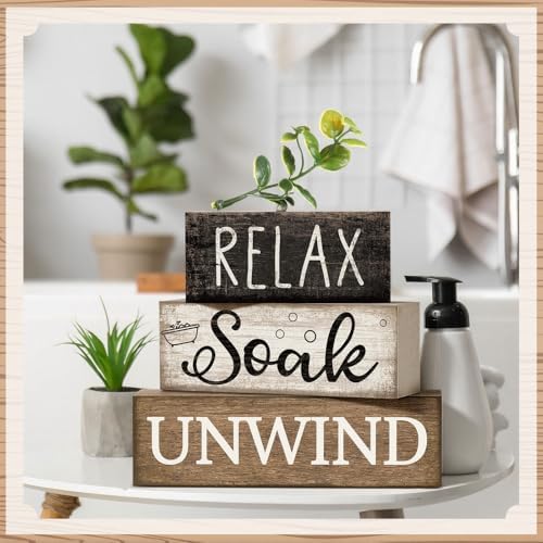 Moucuny 4 Pcs Bathroom Shelf Decor Sign Farmhouse Wooden Bathroom Decor - Image 5