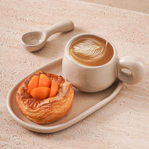 Uaral Cermic Small Coffee Mugs 10 Ounce Cappuccino Mugs Handmade Mug Set with One-finger Handle for Mocca,Latte,Cereal,Yogurt and Beverage,Set of 2(Cream) - Image 3