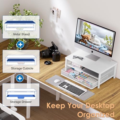 OPNICE Computer Monitor Stand Riser, Desk Organizer with Drawer, Printer & Laptop Stand, Office Desk Accessories & Workspace Desktop Organizers Storage for Office Supplies(White) - Image 5