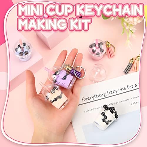 Cunno 348 Pcs Mini Milky Tea Keychain Accessories Bubble Tea Cream Glue Casting Includes Keychain Rings Mini Cup Pendant Charm Straws Assels, 12 Pcs Each, 300 Bubble Beads for DIY Crafts(Bright Color) - Image 3