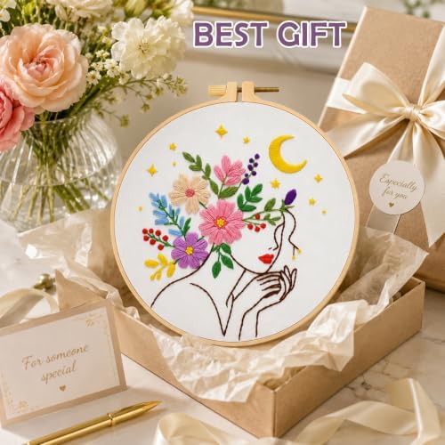 Nuberlic Embroidery Kit for Beginner,Floral Woman Embroidery - Image 6