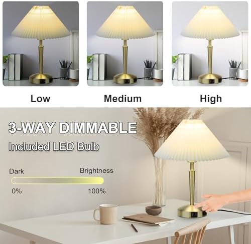 LALISU Touch Bedside Table Lamp, Fabric Shade Small Table Lamp, Gold - Image 2