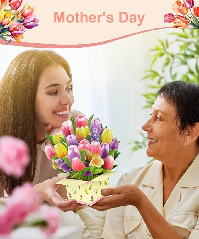 Magic Ants Flower Paper Pop Up Cards - Lily+Tulip+Carnation - Mother's Day, Birthday, Thank You Greeting Cards for Mom - 3D Popup Flower Bouquet Design - Includes Envelop