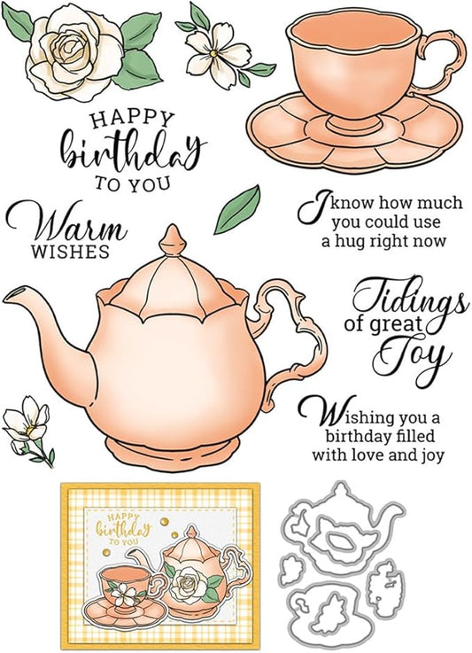 Teapot Cup Stamps and Cutting Dies for Card Making DIY Transparent Silicone Clear Stamp and Metal Die Cuts Sets for Scrapbooking Paper Greeting Cards Decor Seals Craft Supplies