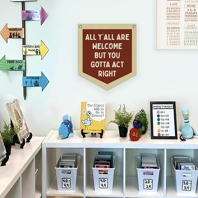 Lacama Classroom Wall College Dorm Decor, All Y'all Are Welcome But You Gotta Act Right Banner, Retro Wall Hanging Banner Pennant Flag for Bedroom Kids Room Playroom Decor 12.4x14 in