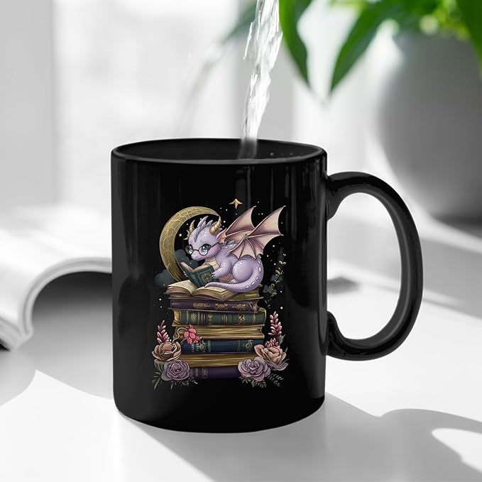 Personalized Cute Tarot Book Dragon Mug, Cute Purple Romantasy Dragon Reading Books Ceramic Cup for Bookish 11oz - 15oz