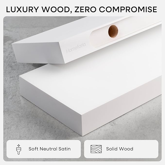 Homeforia White Floating Shelves 42 inch, High End Solid Real Wood 42inch Floating Shelf for Wall Mounted, White Wooden 42in Long Floating Shelves, Heavy Duty Bracket, 42 X 6.5 X 1.75 inches, Set of 3