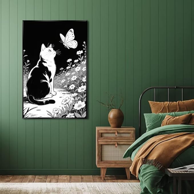 Cats Butterflies in Flowers Canvas Poster Vintage Minimalist Nature Wall Art Trendy Black White Aesthetic Painting Prints Modern Animal Home Decor for Bedroom Living Room 12x16inch Metal Black Framed