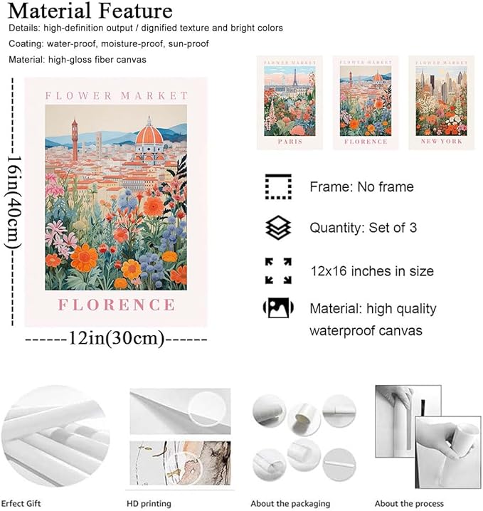 XLARTMY Flower Market Wall Art Prints Canvas Orange and Pink Floral Paintings Colorful Botanical Travel Flower Posters for Home Decor Pictures Set of 3 for Living Room Bedroom 12x16in Unframed