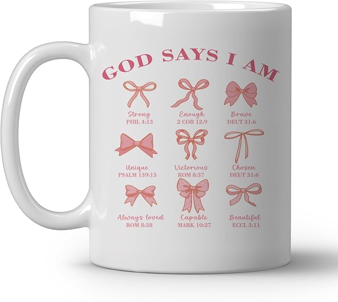 Christian Pink Bows Coffee Mugs, God Says I Am, Coquette Bible Ceramic Coffee Mug, Christian Gifts for Women, Positive Affirmantions Coffee Cup, 11oz Ceramic Cup White