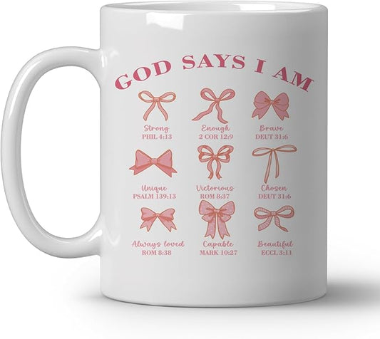 Christian Pink Bows Coffee Mugs, God Says I Am, Coquette Bible Ceramic Coffee Mug, Christian Gifts for Women, Positive Affirmantions Coffee Cup, 11oz Ceramic Cup White