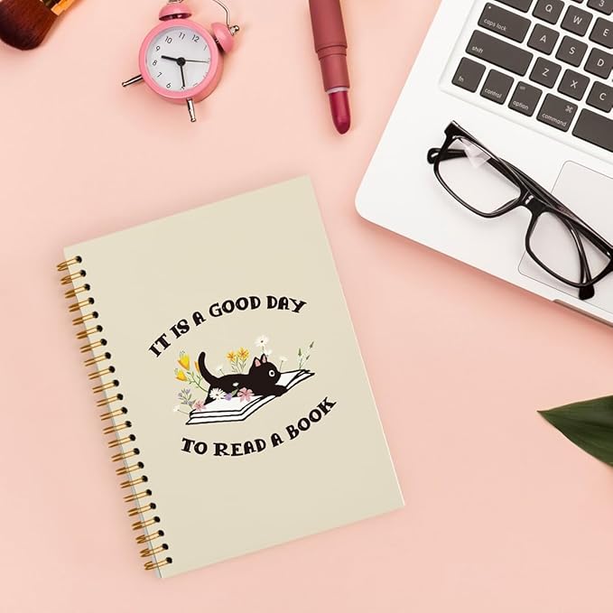 Reading Notebook Journals for Book Lovers, Book Gifts Journals for Book Lovers, Reading Log Journal, Black Cat Notebook, It's a Good Day to Read a Book Hardcover Spiral Notebook 5.5x8.3