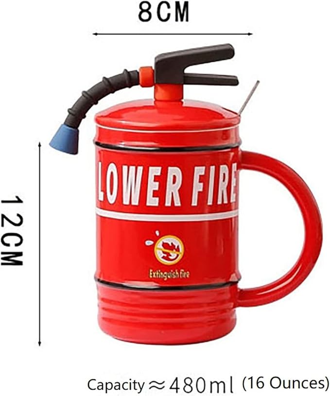 Coffee Mug Cups Ceramic Tea Cup Fire Extinguisher Shaped Handmade Cute Mugs With Lid Spoon Handle Office Home Hot Ice Chocolate Milk Mugs Gifts Microwave Dishwasher Safe Travel Mugs (Red)