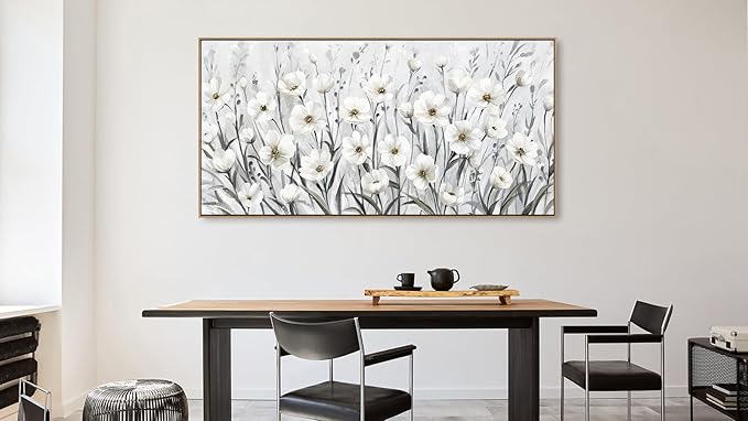 arteWOODS Flowers Framed Wall Art - Grey White Wildflowers Canvas Pictures Wall Decor Botanical Painting Artwork Elegant Floral Prints for Living Room Bedroom Home Decor 40 x 20in Natural Wood Frame